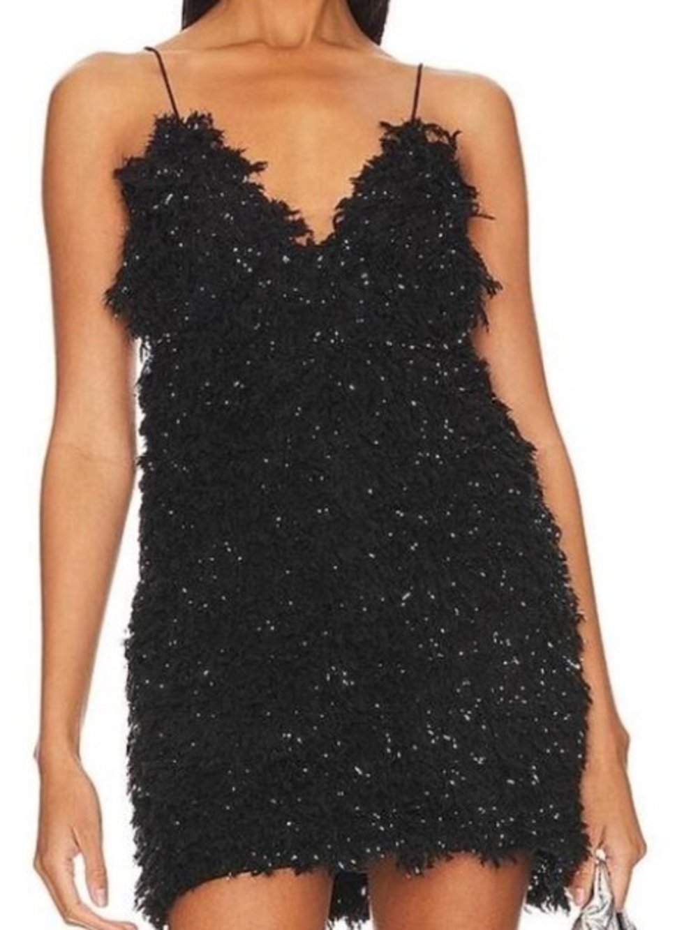 For Love & Lemons Black Sequin Fringe Shag Fur Mini Dress